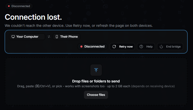QuickBridge connection lost screen: the session shows a reconnecting prompt and holds partial transfers