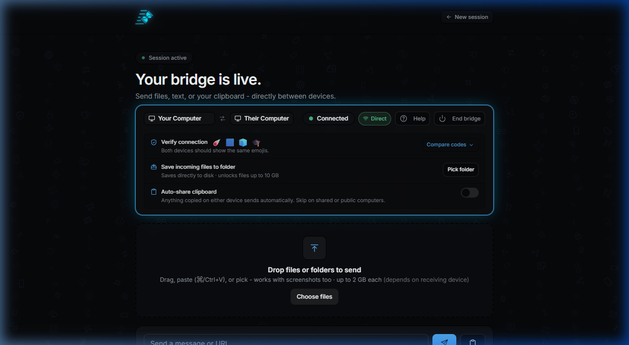 QuickBridge live session showing a text message sent from phone to PC