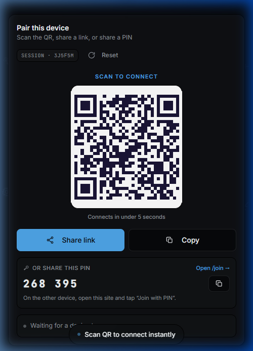 QuickBridge on Android: the QR code screen ready to pair with any computer