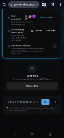 QuickBridge file picker on an Android phone ready to send