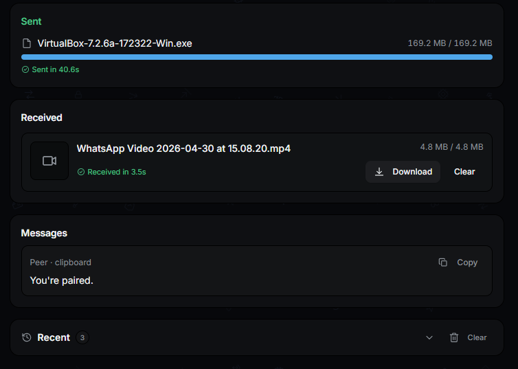 QuickBridge completed transfer: 169 MB sent in 40.6 seconds, no cloud upload